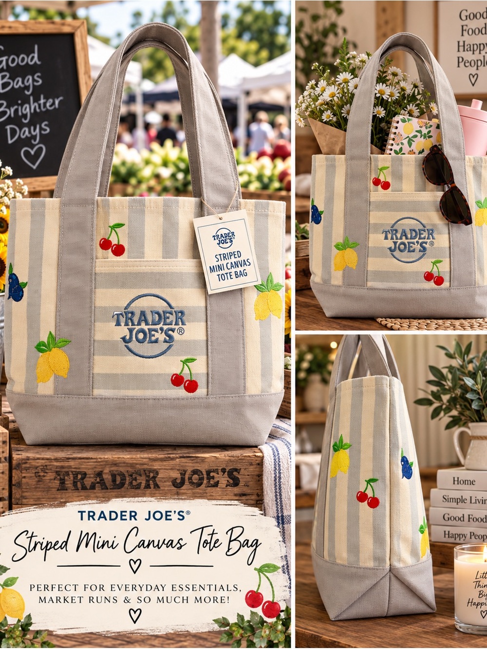 💙Trader Joe’s Mini Canvas Tote Bags with Custom Embroidery